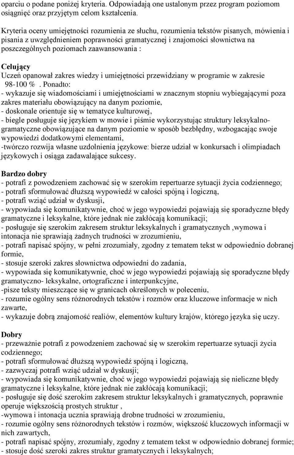 zaawansowania : Celujący Uczeń opanował zakres wiedzy i umiejętności przewidziany w programie w zakresie 98-100 %.