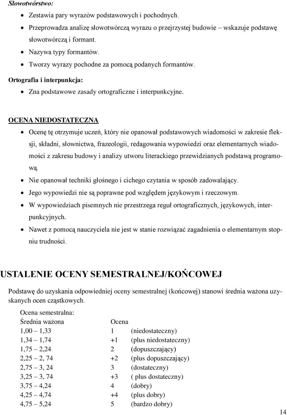 OCENA NIEDOSTATECZNA Ocenę tę otrzymuje uczeń, który nie opanował podstawowych wiadomości w zakresie fleksji, składni, słownictwa, frazeologii, redagowania wypowiedzi oraz elementarnych wiadomości z