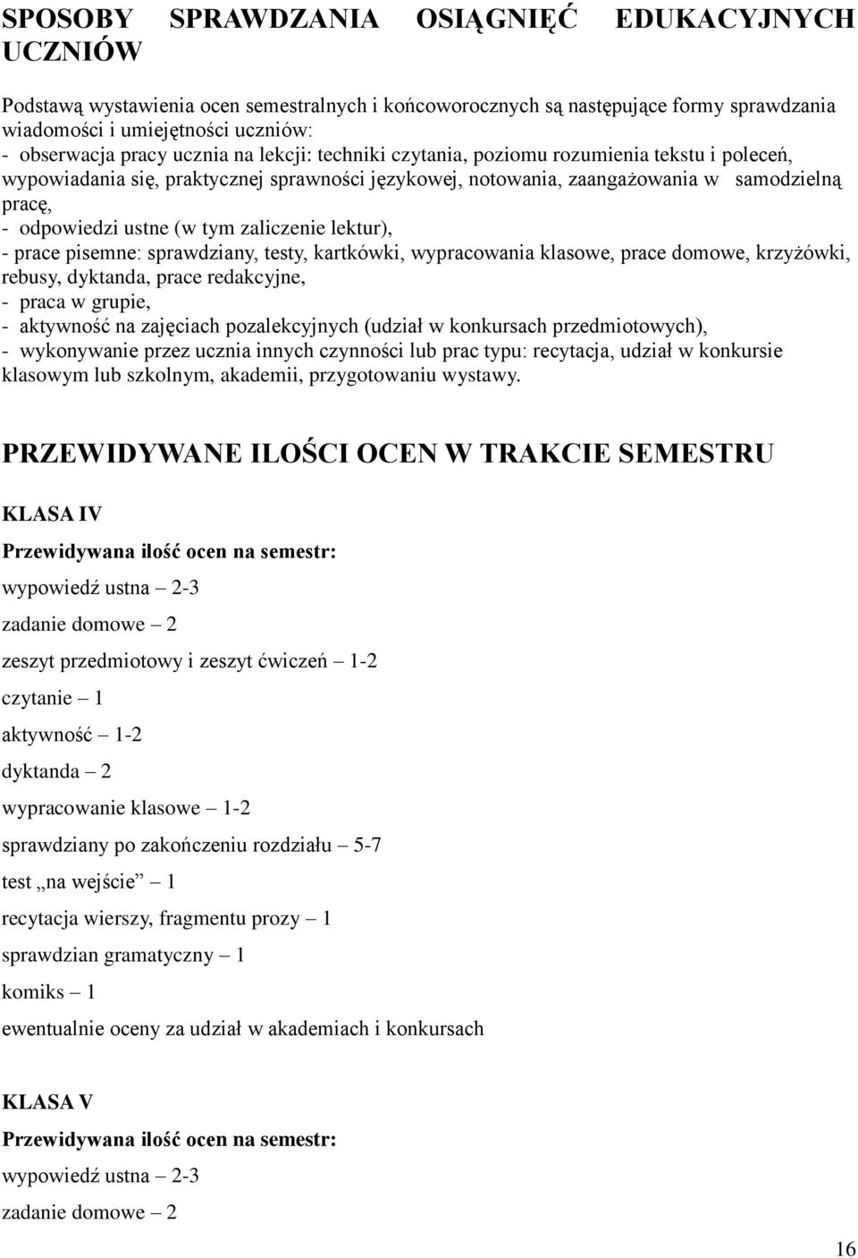 zaliczenie lektur), - prace pisemne: sprawdziany, testy, kartkówki, wypracowania klasowe, prace domowe, krzyżówki, rebusy, dyktanda, prace redakcyjne, - praca w grupie, - aktywność na zajęciach