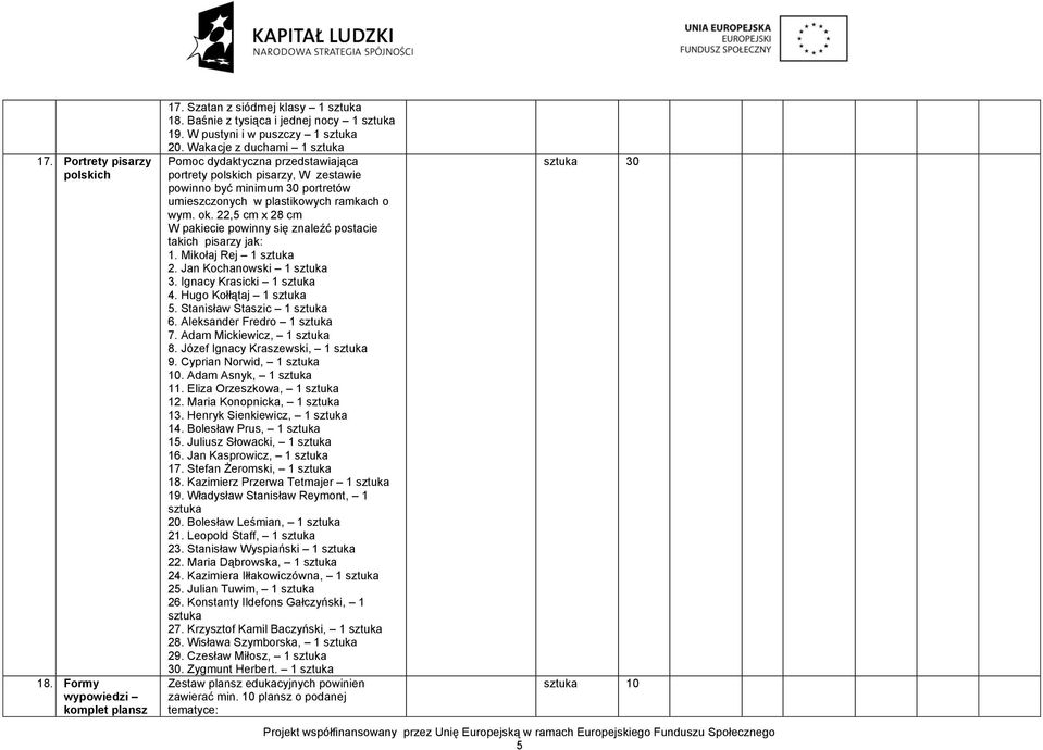 22,5 cm x 28 cm W pakiecie powinny się znaleźć postacie takich pisarzy jak: 1. Mikołaj Rej 1 2. Jan Kochanowski 1 3. Ignacy Krasicki 1 4. Hugo Kołłątaj 1 5. Stanisław Staszic 1 6.