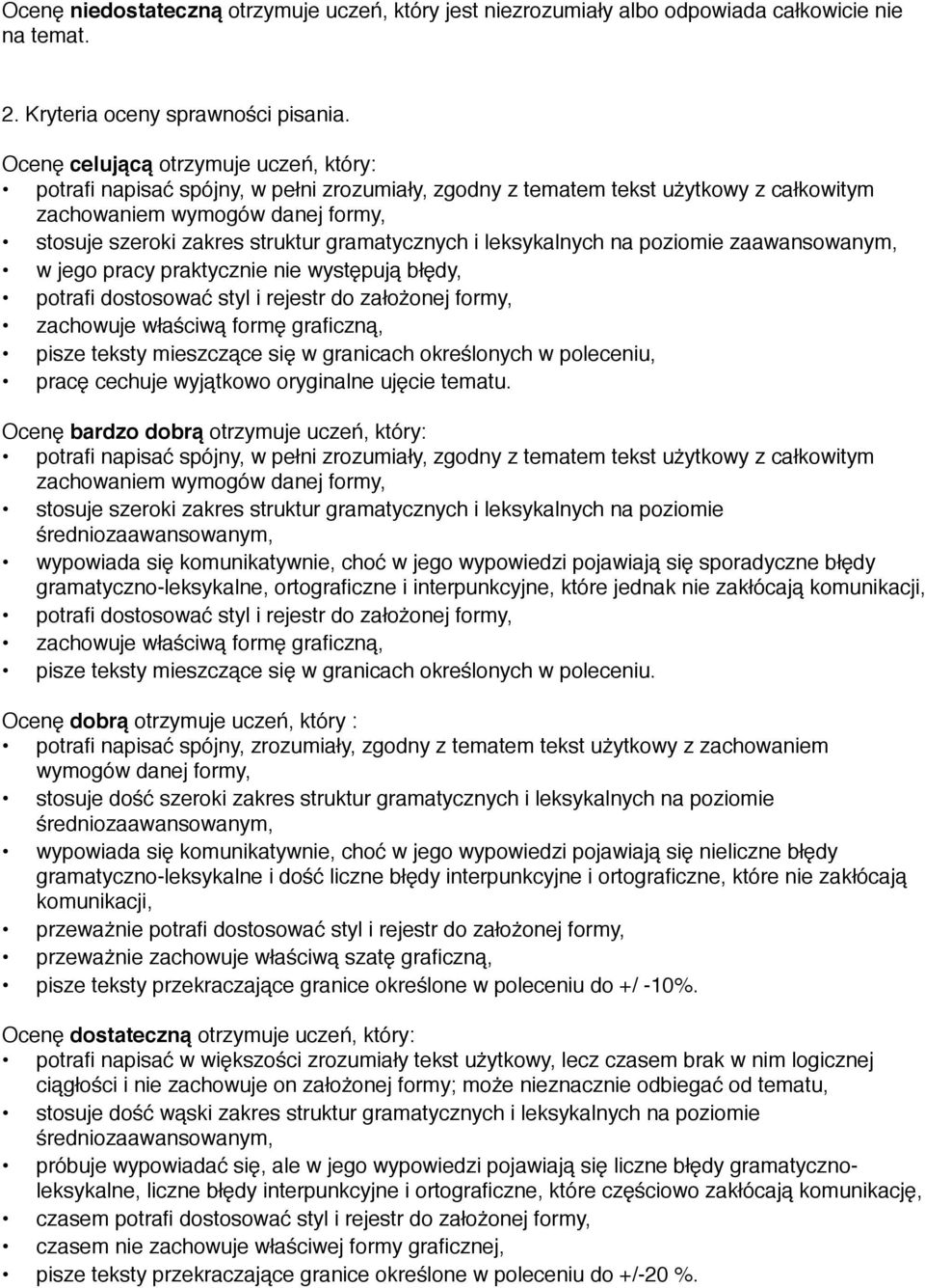 gramatycznych i leksykalnych na poziomie zaawansowanym, w jego pracy praktycznie nie występują błędy, potrafi dostosować styl i rejestr do założonej formy, zachowuje właściwą formę graficzną, pisze