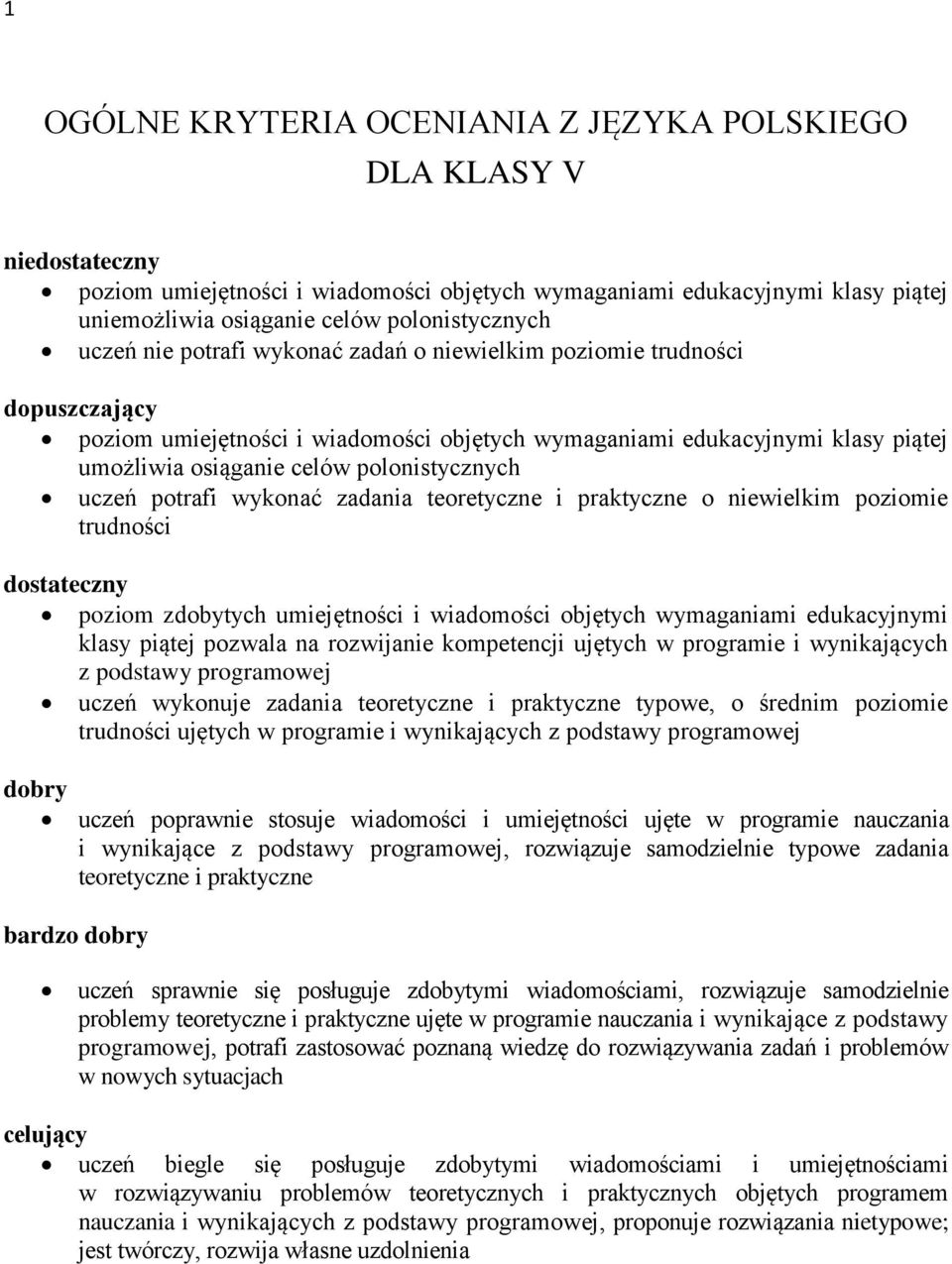 uczeń potrafi wykonać zadania teoretyczne i praktyczne o niewielkim poziomie trudności dostateczny poziom zdobytych umiejętności i wiadomości objętych wymaganiami edukacyjnymi klasy piątej pozwala na