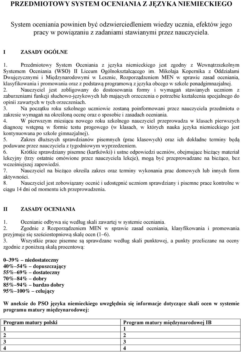 Mikołaja Kopernika z Oddziałami Dwujęzycznymi i Międzynarodowymi w Lesznie, Rozporządzeniem MEN w sprawie zasad oceniania, klasyfikowania i promowania oraz z podstawą programową z języka obcego w