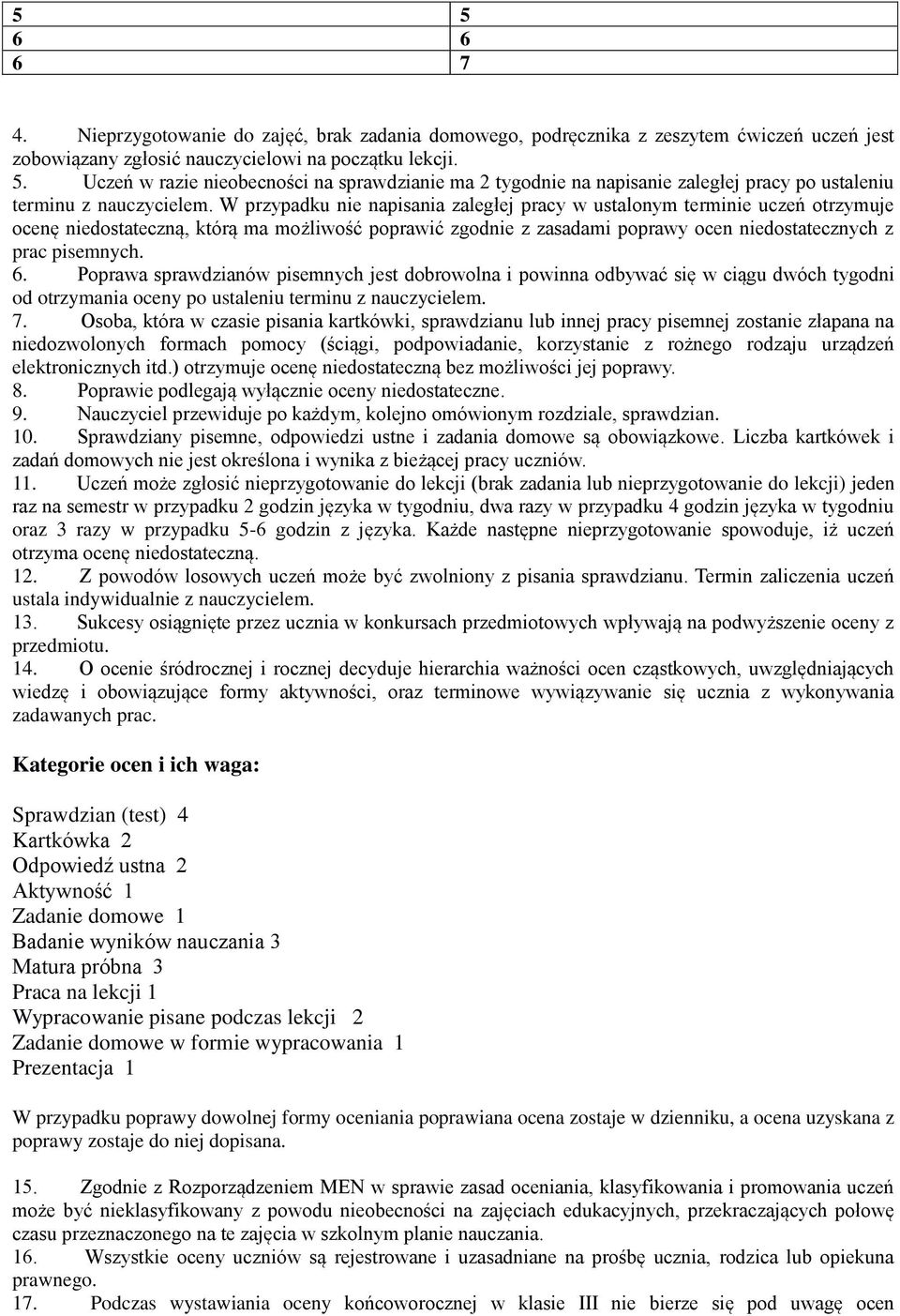 Poprawa sprawdzianów pisemnych jest dobrowolna i powinna odbywać się w ciągu dwóch tygodni od otrzymania oceny po ustaleniu terminu z nauczycielem. 7.