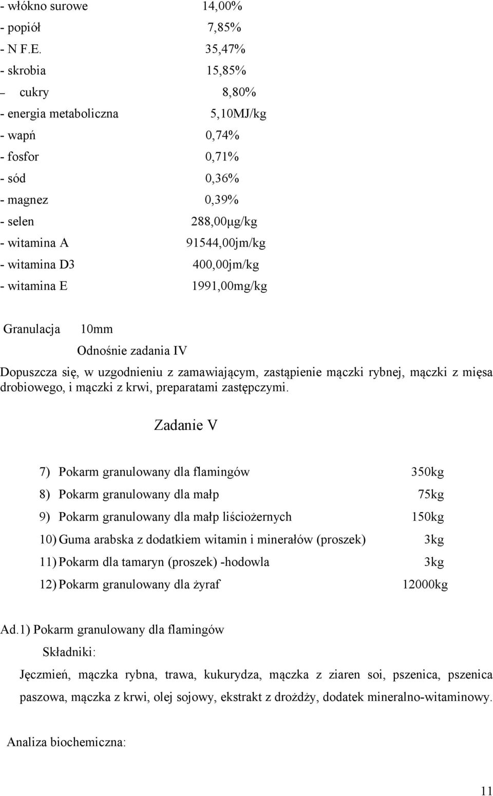 witamina E 1991,00mg/kg 10mm Odnośnie zadania IV Dopuszcza się, w uzgodnieniu z zamawiającym, zastąpienie mączki rybnej, mączki z mięsa drobiowego, i mączki z krwi, preparatami zastępczymi.