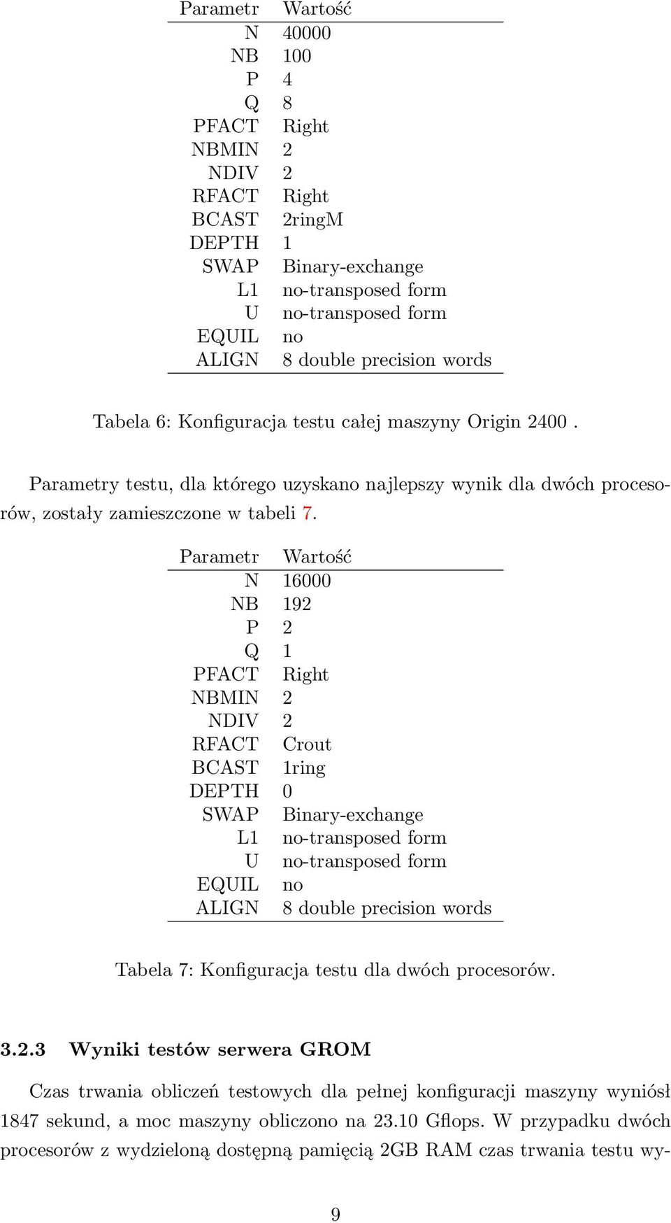 Parametr Wartość N 16000 NB 192 P 2 Q 1 PFACT Right NBMIN 2 NDIV 2 RFACT Crout BCAST 1ring DEPTH 0 SWAP Binary-exchange L1 no-transposed form U no-transposed form EQUIL no ALIGN 8 double precision