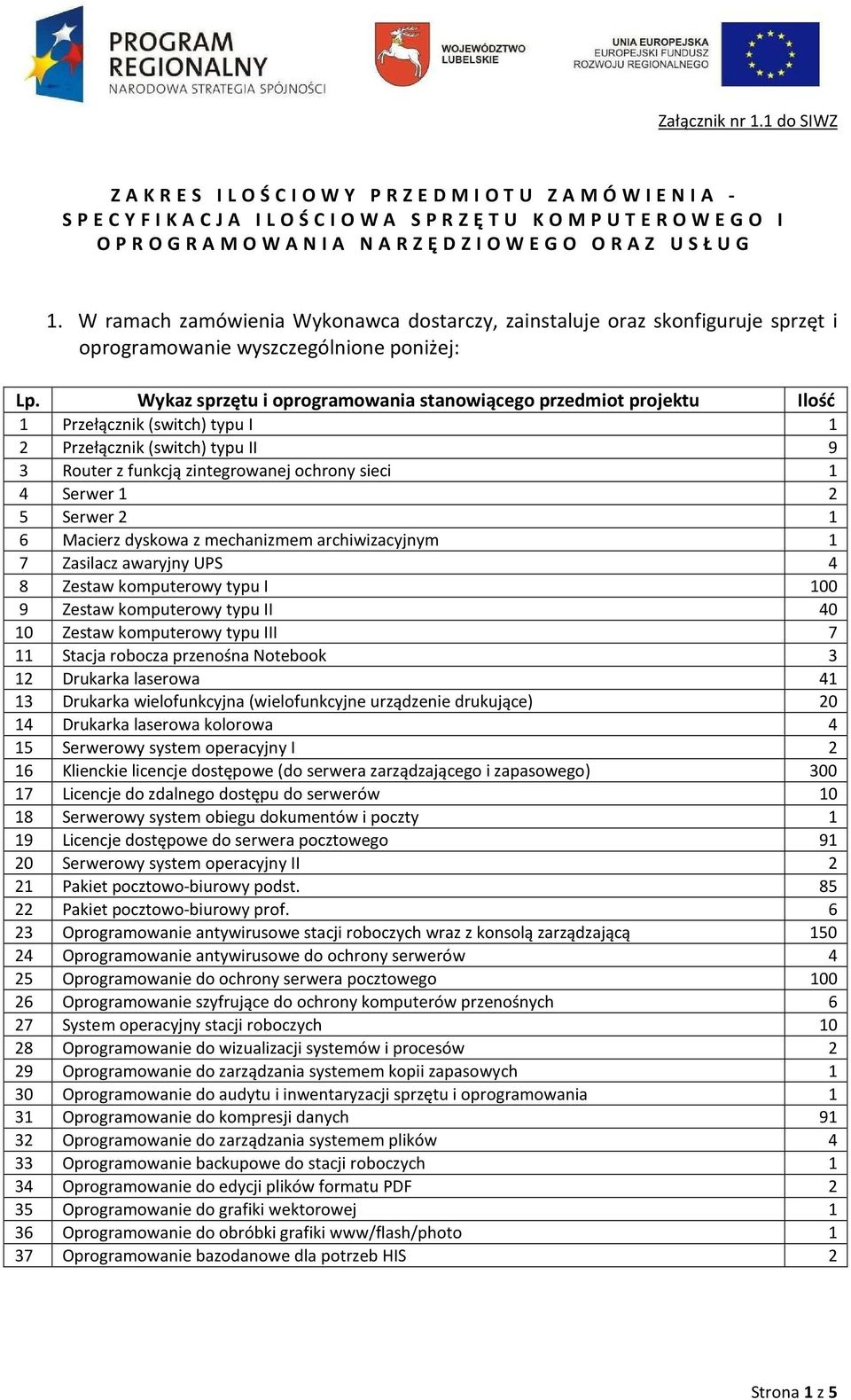 Ę D Z I O W E G O O R A Z U S Ł U G. W ramach zamówienia Wykonawca dostarczy, zainstaluje oraz skonfiguruje sprzęt i oprogramowanie wyszczególnione poniżej: Lp.