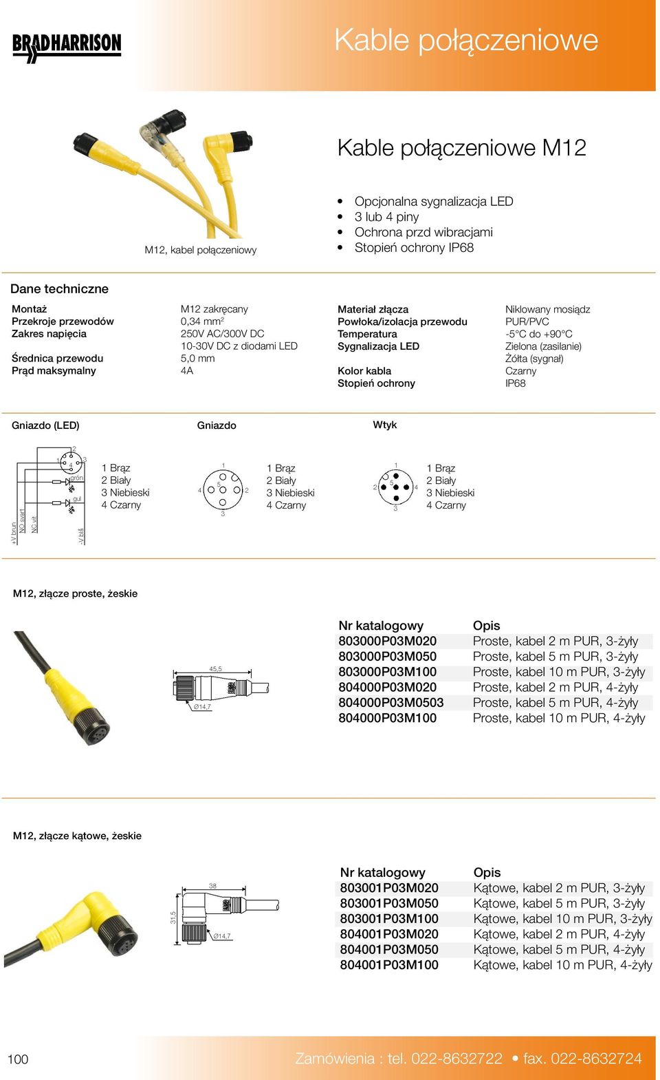 ochrony Niklowany mosiądz PUR/PVC -5 C do +90 C Zielona (zasilanie) Żółta (sygnał) Czarny IP68 Gniazdo (LED) Gniazdo Wtyk 1 Brąz 2 Biały 3 Niebieski 4 Czarny 1 Brąz 2 Biały 3 Niebieski 4 Czarny 1