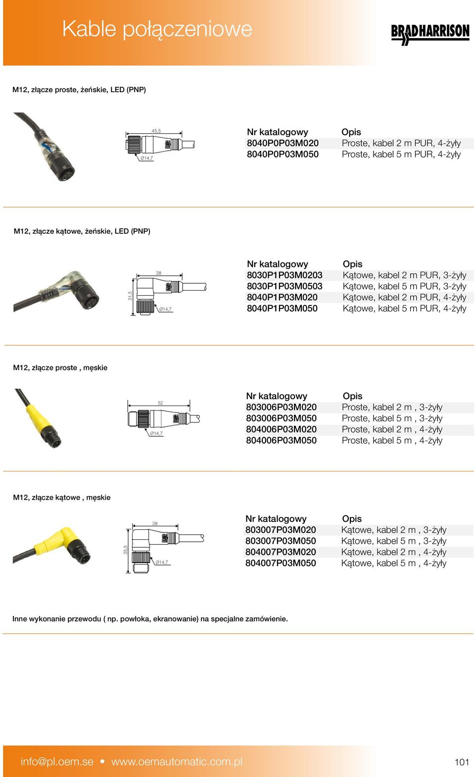 803006P03M020 803006P03M050 804006P03M020 804006P03M050 Proste, kabel 2 m, 3-żyły Proste, kabel 5 m, 3-żyły Proste, kabel 2 m, 4-żyły Proste, kabel 5 m, 4-żyły M12, złącze kątowe, męskie