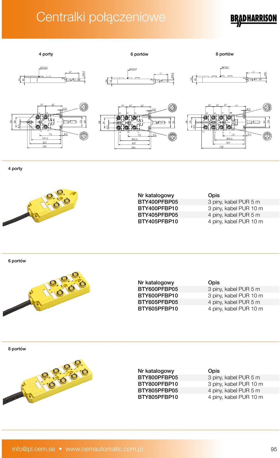 kabel PUR 5 m 3 piny, kabel PUR 10 m 4 piny, kabel PUR 5 m 4 piny, kabel PUR 10 m 8 portów BTY800PFBP05 BTY800PFBP10 BTY805PFBP05