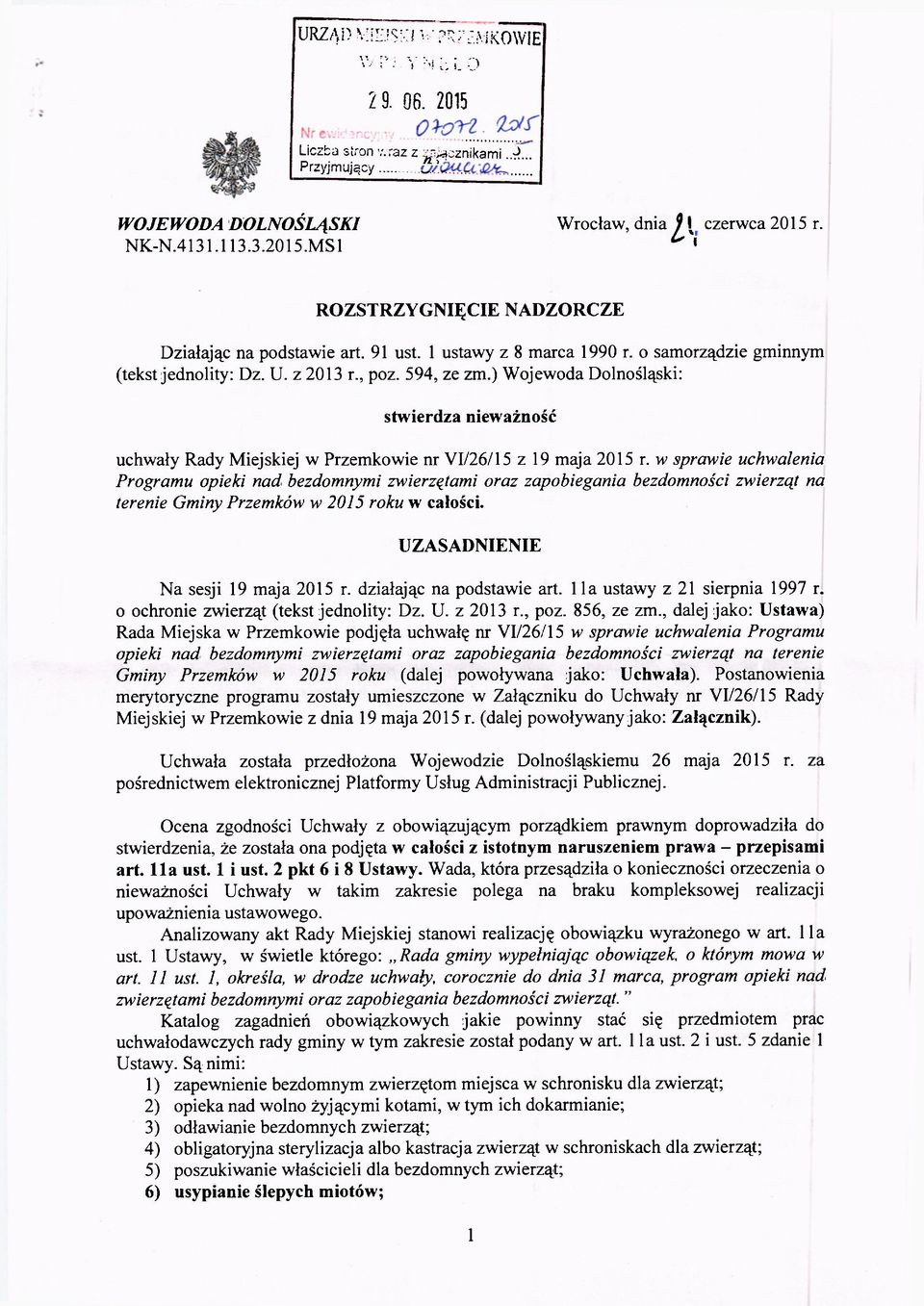 ) Wojewoda Dolnośląski: stwierdza nieważność uchwały Rady Miejskiej w Przemkowie nr VI/26/15 z 19 maja 2015 r.