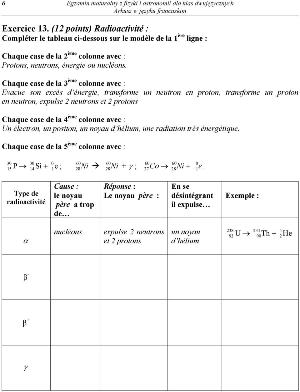 Chaque case de la 3 ème colonne avec : Evacue son excès d énergie, transforme un neutron en proton, transforme un proton en neutron, expulse 2 neutrons et 2 protons Chaque case de la 4 ème colonne