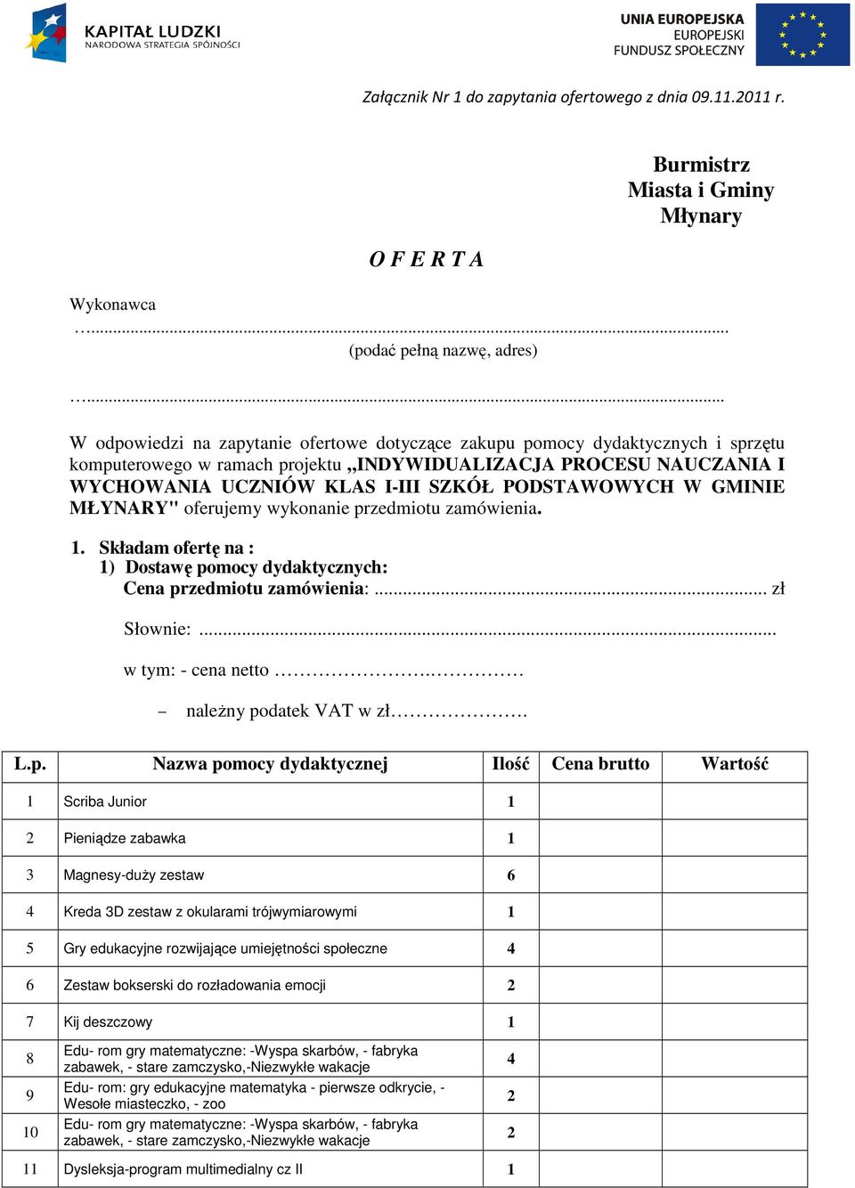 PODSTAWOWYCH W GMINIE MŁYNARY" oferujemy wykonanie przedmiotu zamówienia. 1. Składam ofertę na : 1) Dostawę pomocy dydaktycznych: Cena przedmiotu zamówienia:... zł Słownie:... w tym: - cena netto.
