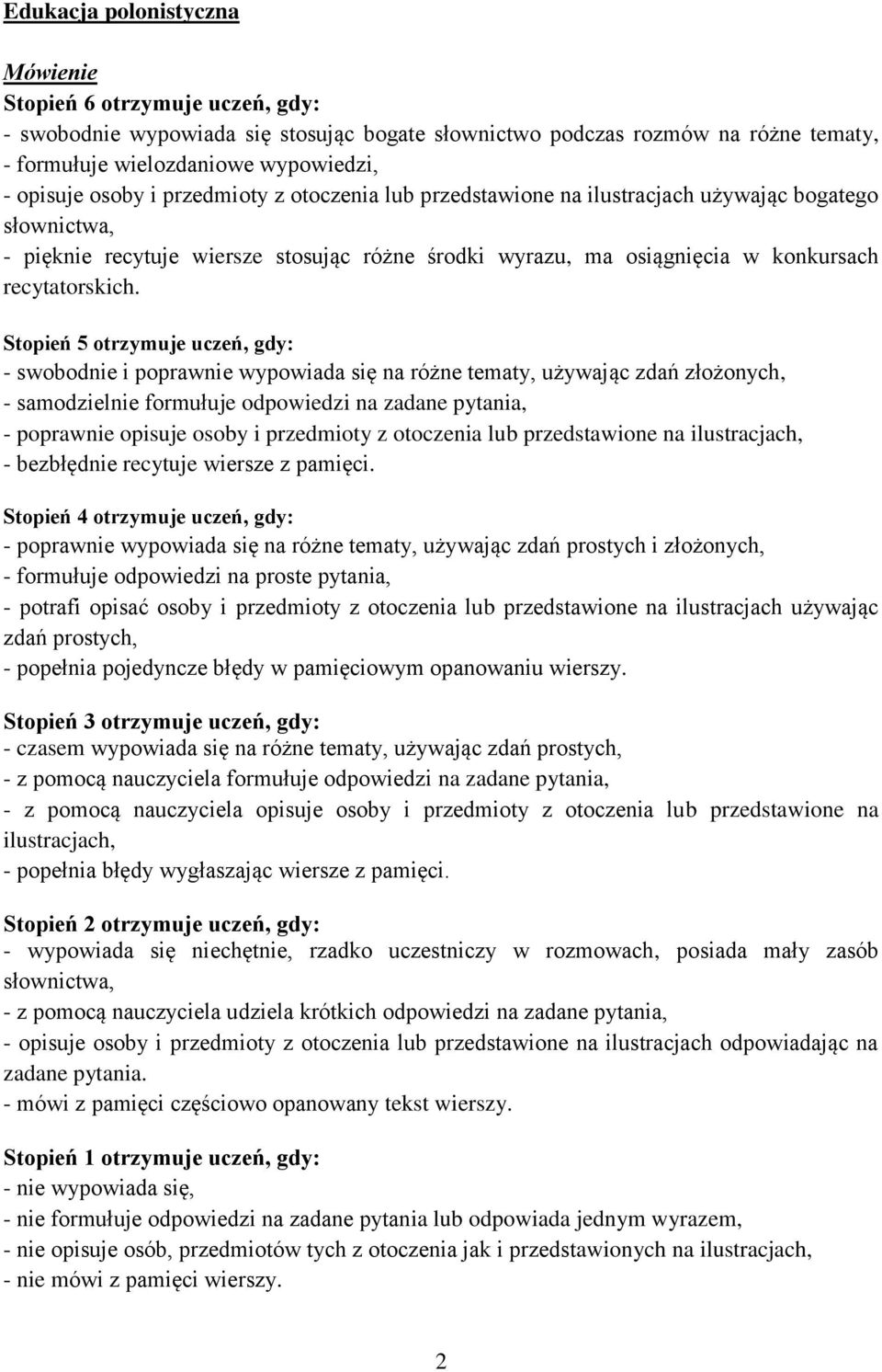 - swobodnie i poprawnie wypowiada się na różne tematy, używając zdań złożonych, - samodzielnie formułuje odpowiedzi na zadane pytania, - poprawnie opisuje osoby i przedmioty z otoczenia lub