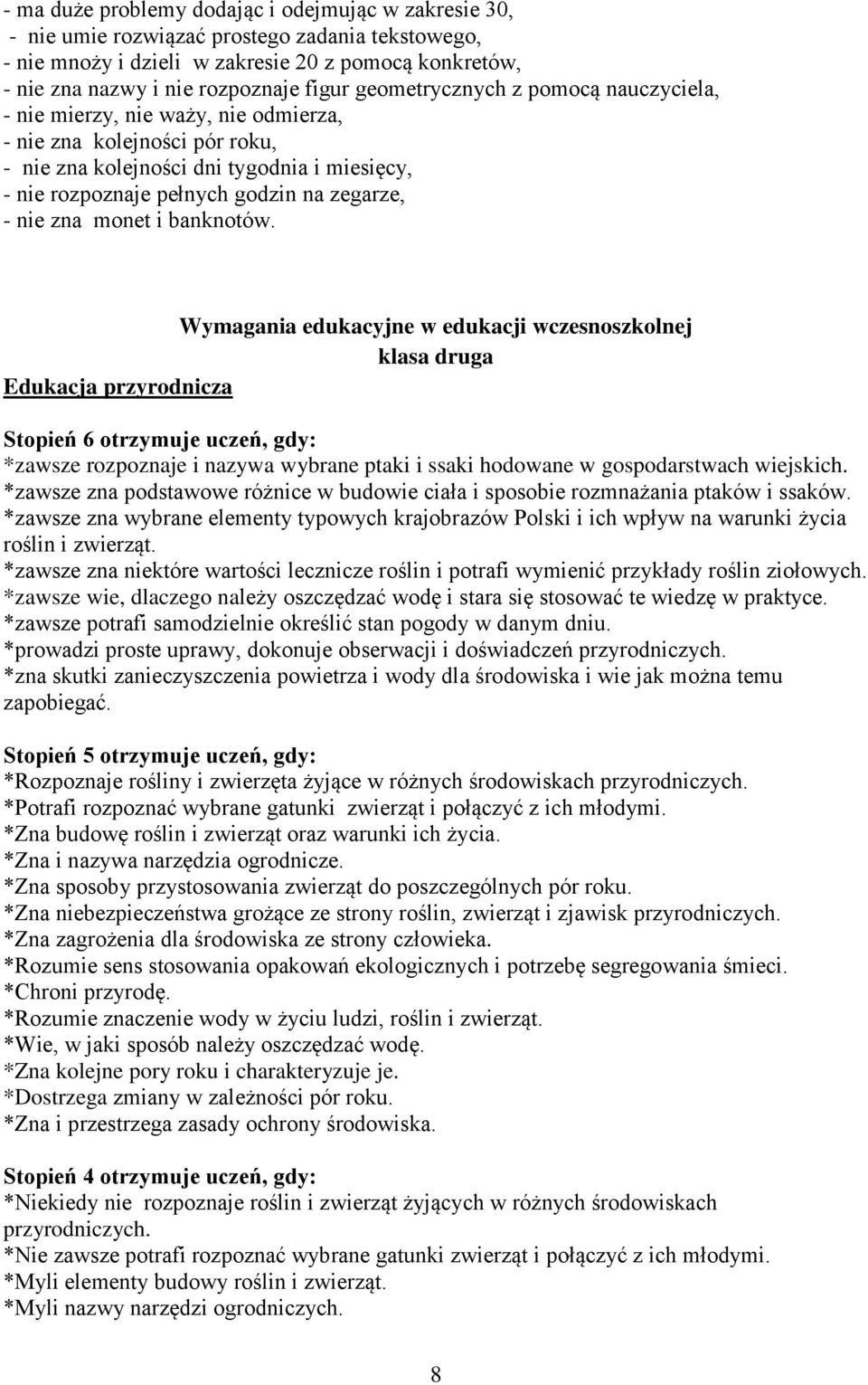 nie zna monet i banknotów. Wymagania edukacyjne w edukacji wczesnoszkolnej klasa druga Edukacja przyrodnicza *zawsze rozpoznaje i nazywa wybrane ptaki i ssaki hodowane w gospodarstwach wiejskich.