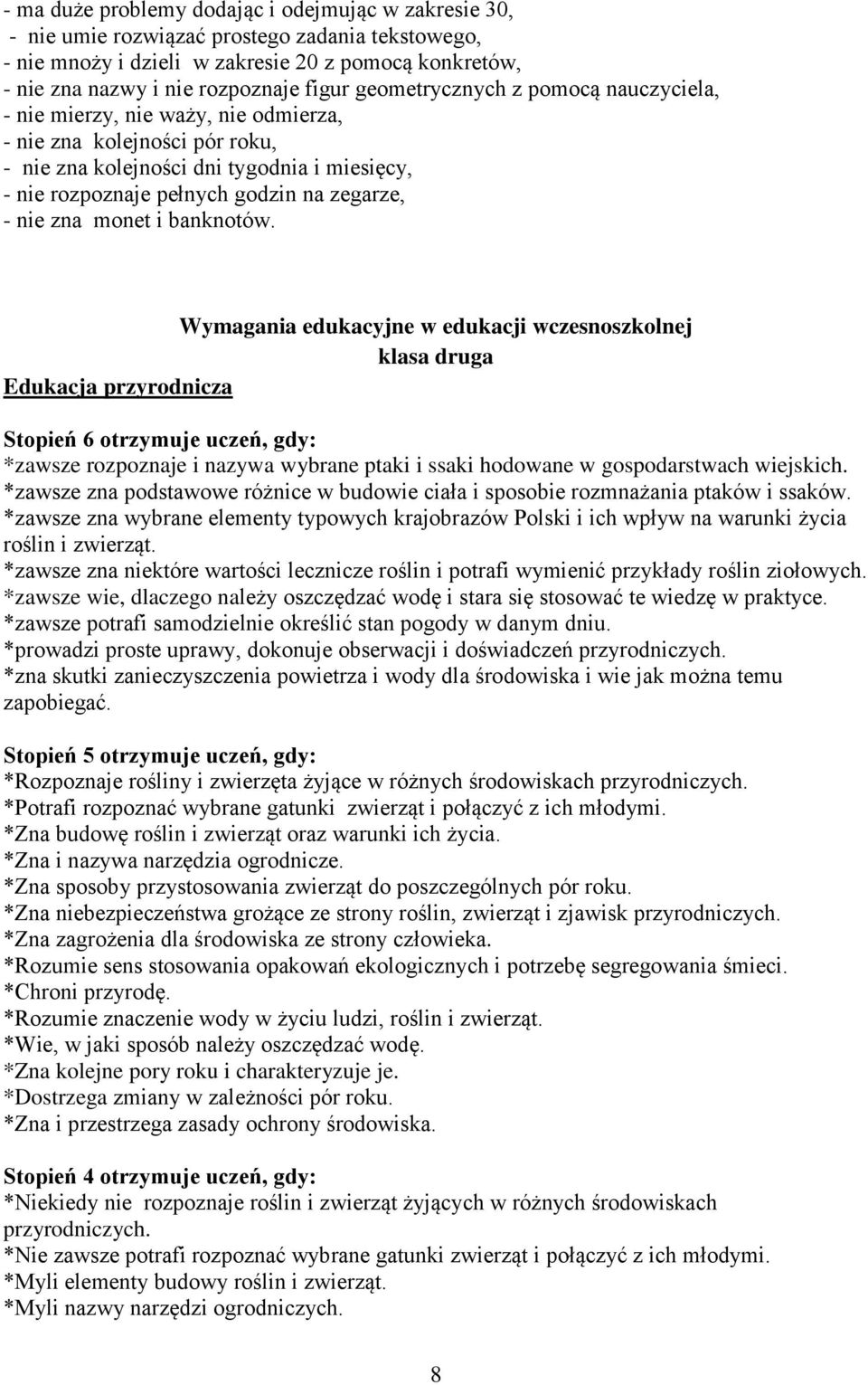 nie zna monet i banknotów. Wymagania edukacyjne w edukacji wczesnoszkolnej klasa druga Edukacja przyrodnicza *zawsze rozpoznaje i nazywa wybrane ptaki i ssaki hodowane w gospodarstwach wiejskich.