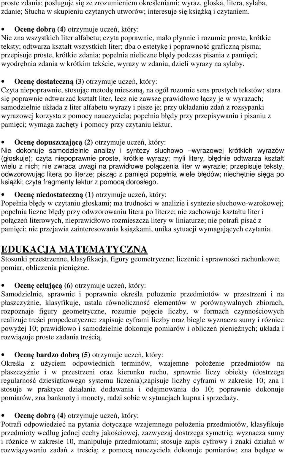 krótkie zdania; popełnia nieliczne błędy podczas pisania z pamięci; wyodrębnia zdania w krótkim tekście, wyrazy w zdaniu, dzieli wyrazy na sylaby.