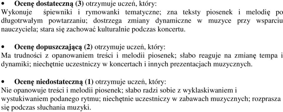 Ma trudności z opanowaniem treści i melodii piosenek; słabo reaguje na zmianę tempa i dynamiki; niechętnie uczestniczy w koncertach i innych