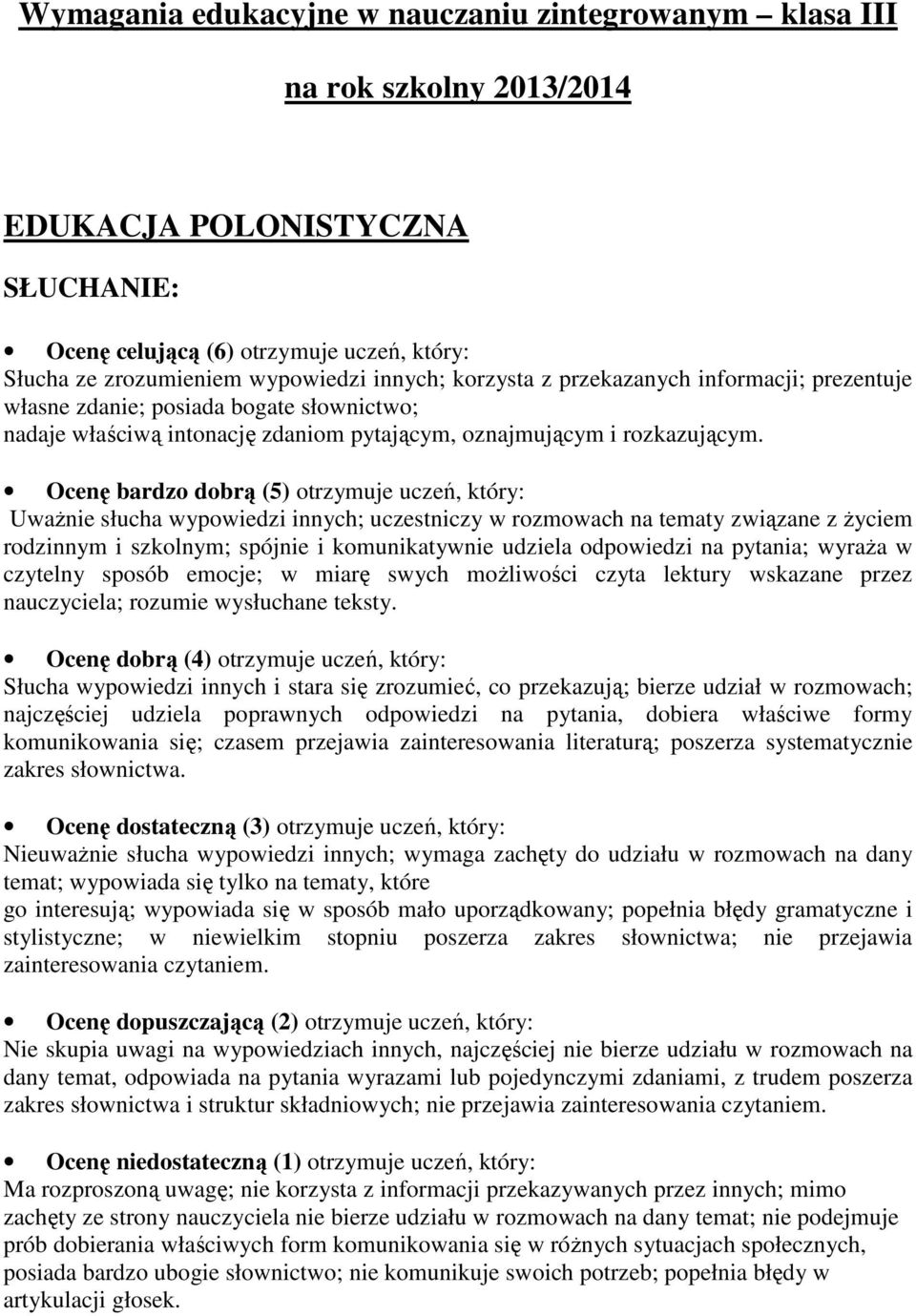 Uważnie słucha wypowiedzi innych; uczestniczy w rozmowach na tematy związane z życiem rodzinnym i szkolnym; spójnie i komunikatywnie udziela odpowiedzi na pytania; wyraża w czytelny sposób emocje; w