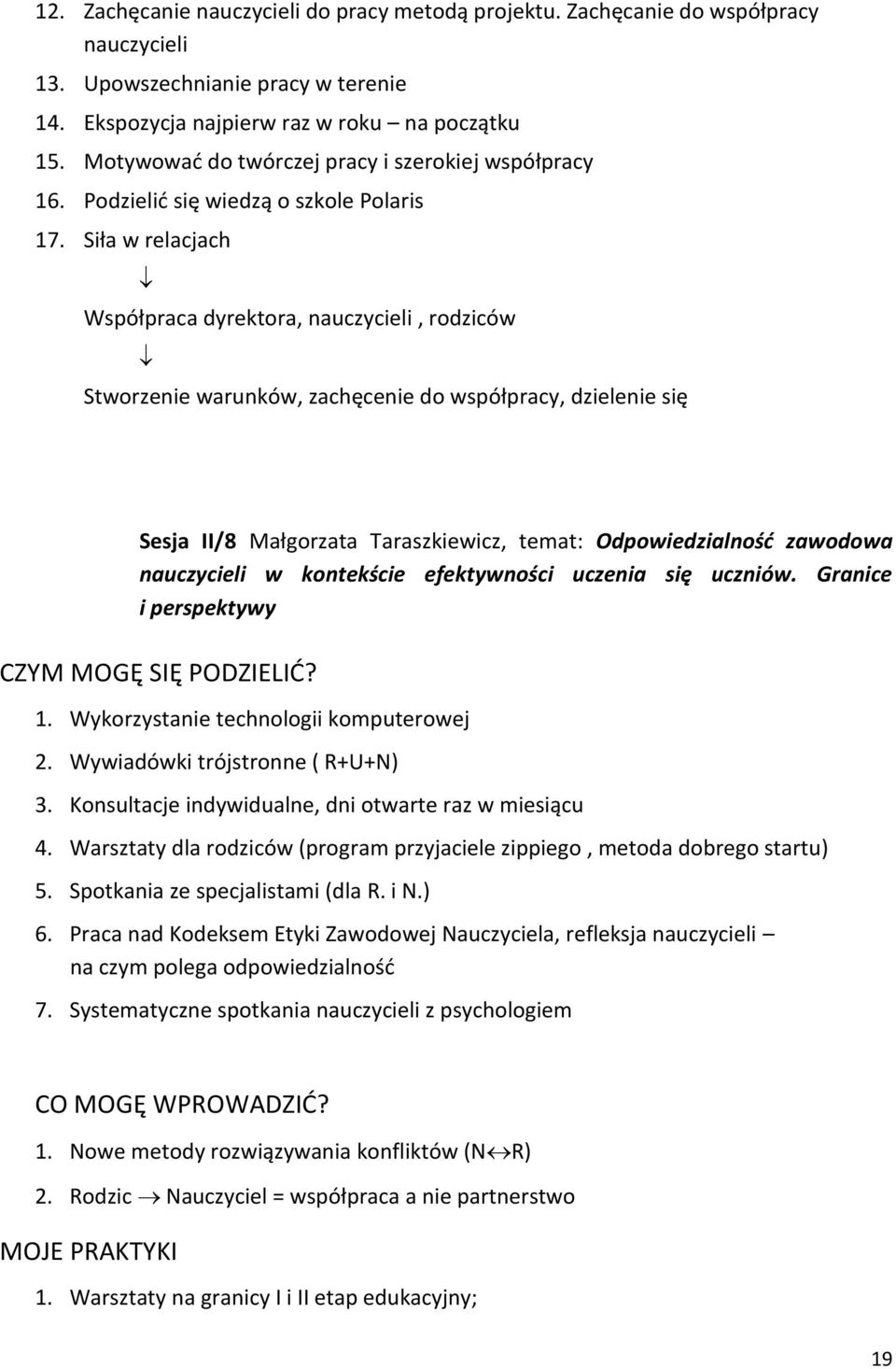 Siła w relacjach Współpraca dyrektora, nauczycieli, rodziców Stworzenie warunków, zachęcenie do współpracy, dzielenie się Sesja II/8 Małgorzata Taraszkiewicz, temat: Odpowiedzialność zawodowa