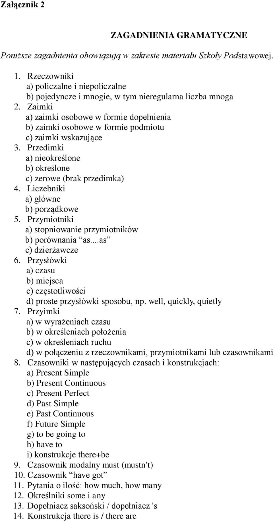 Zaimki a) zaimki osobowe w formie dopełnienia b) zaimki osobowe w formie podmiotu c) zaimki wskazujące 3. Przedimki a) nieokreślone b) określone c) zerowe (brak przedimka) 4.