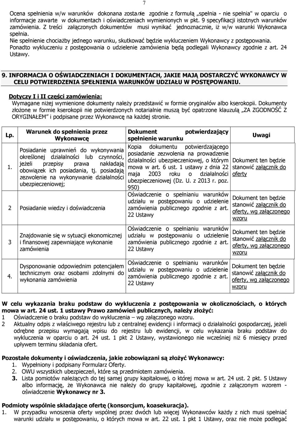 Nie spełnienie chociażby jednego warunku, skutkować będzie wykluczeniem Wykonawcy z postępowania. Ponadto wykluczeniu z postępowania o udzielenie zamówienia będą podlegali Wykonawcy zgodnie z art.