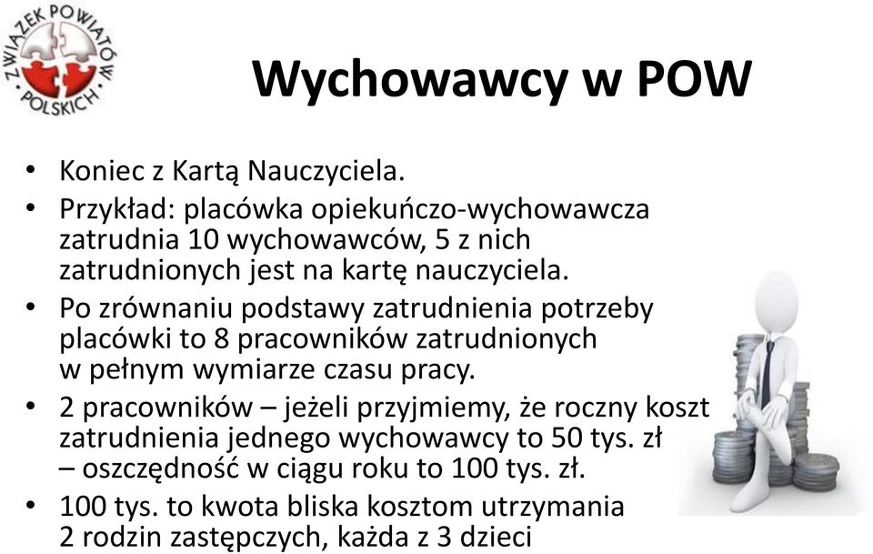 Po zrównaniu podstawy zatrudnienia potrzeby placówki to 8 pracowników zatrudnionych w pełnym wymiarze czasu pracy.