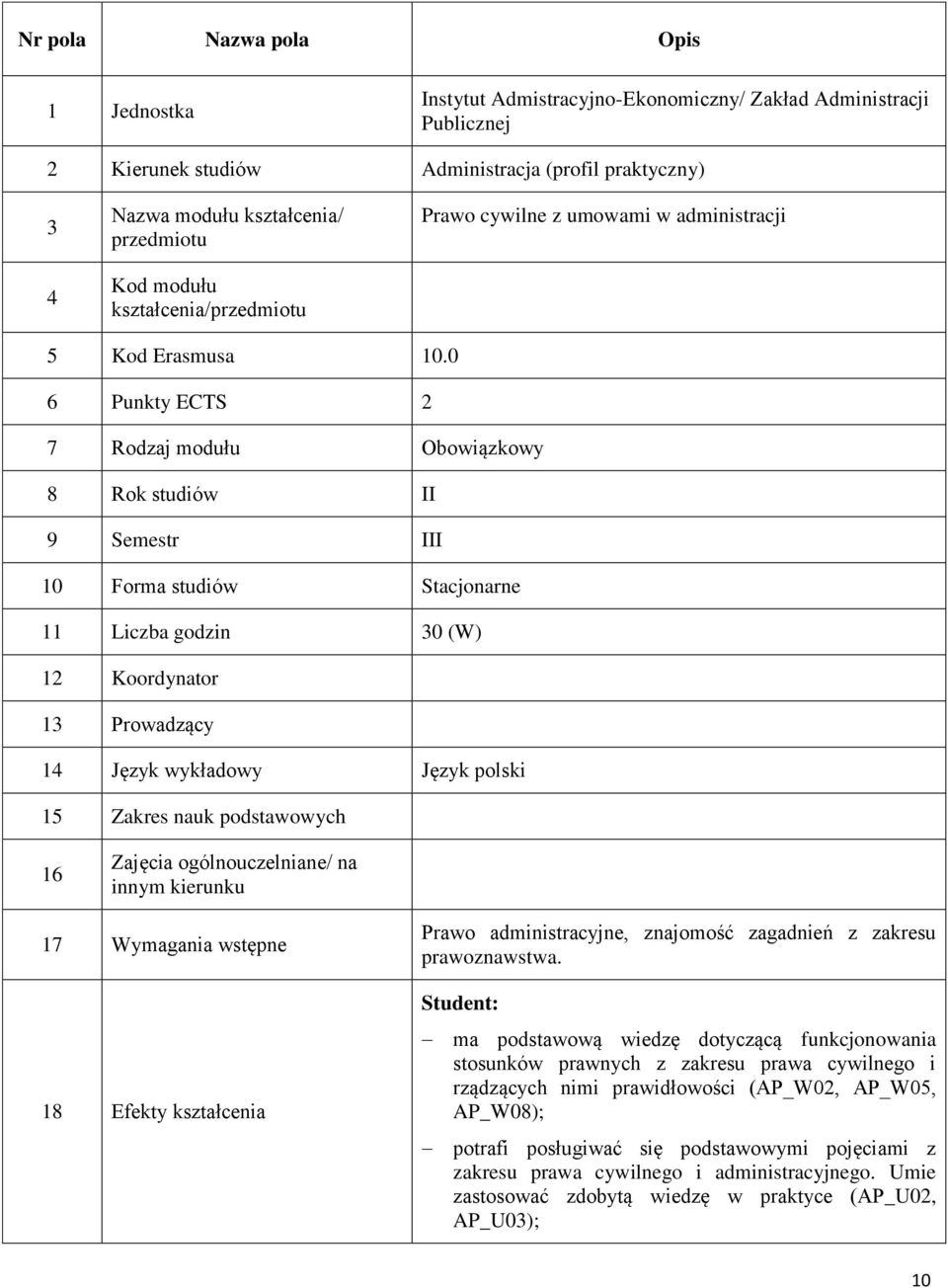 0 6 Punkty ECTS 2 7 Rodzaj modułu Obowiązkowy 8 Rok studiów II 9 Semestr III 10 Forma studiów Stacjonarne 11 Liczba godzin 30 (W) 12 Koordynator 13 Prowadzący 14 Język wykładowy Język polski 15