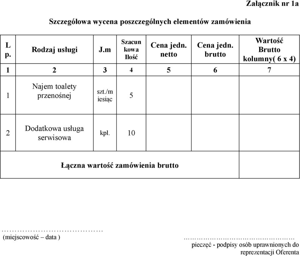 brutto Załącznik nr 1a Wartość Brutto kolumny( 6 x 4) 1 2 3 4 5 6 7 1 Najem toalety przenośnej