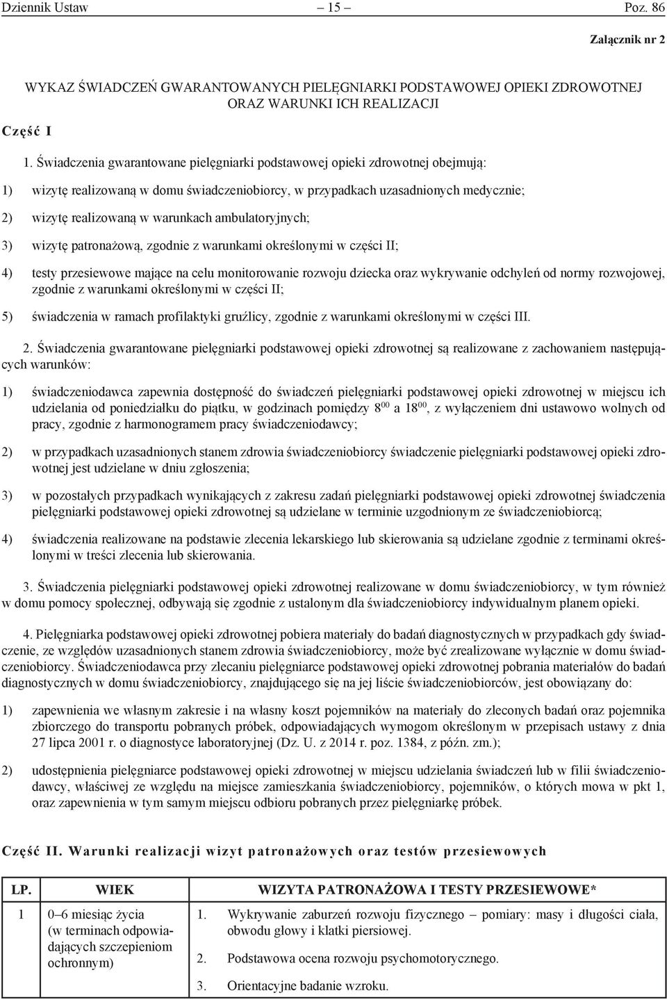 ambulatoryjnych; 3) wizytę patronażową, zgodnie z warunkami określonymi w części II; 4) testy przesiewowe mające na celu monitorowanie rozwoju dziecka oraz wykrywanie odchyleń od normy rozwojowej,