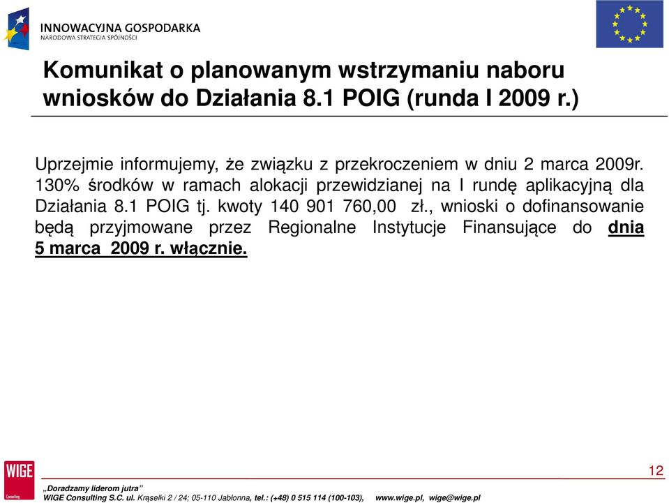 130% środków w ramach alokacji przewidzianej na I rundę aplikacyjną dla Działania 8.1 POIG tj.