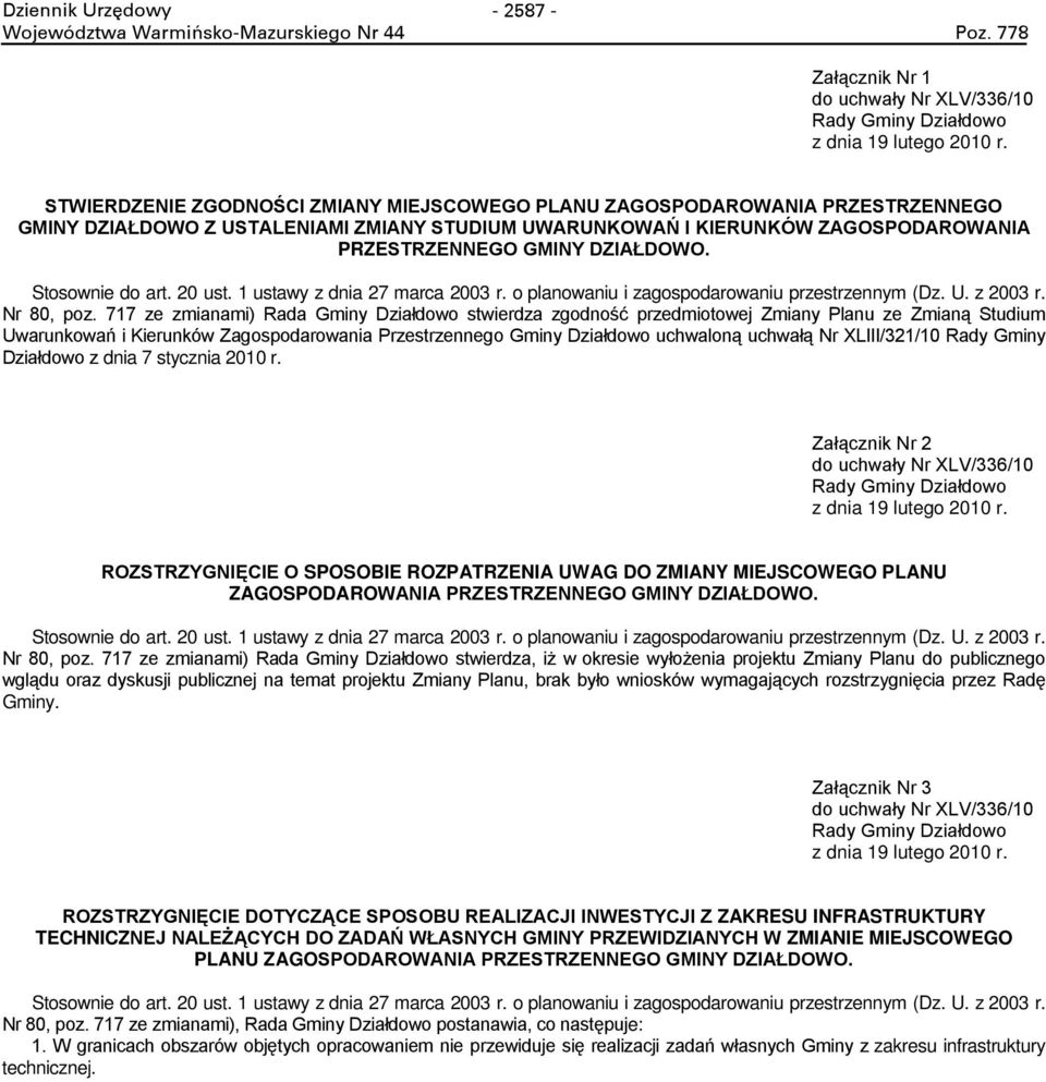 717 ze zmianami) Rada żminy Źziałdowo stwierdza zgodno ć przedmiotowej Zmiany Planu ze Zmian Studium Uwarunkowa i Kierunków Zagospodarowania Przestrzennego żminy Źziałdowo uchwalon uchwał Nr