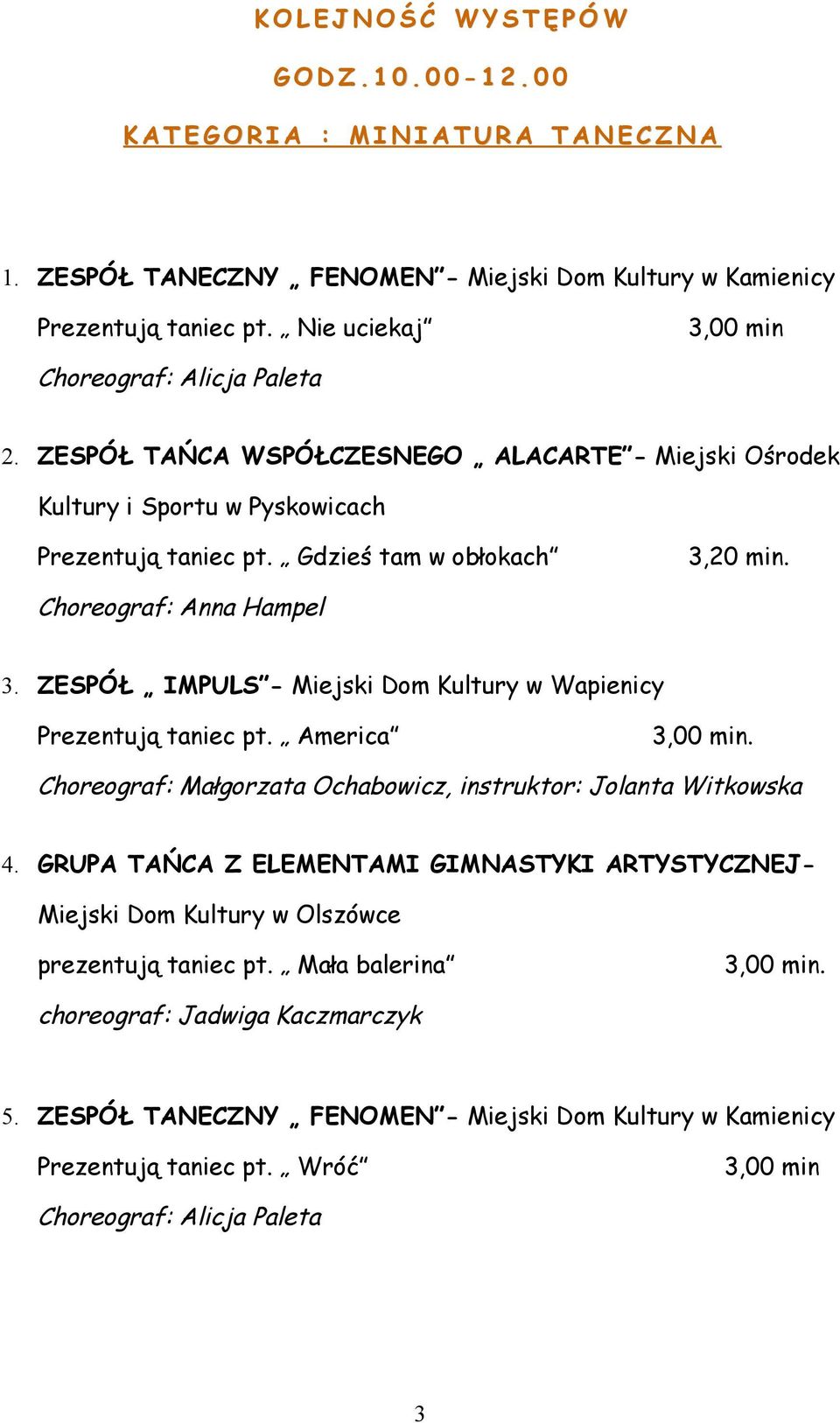 Choreograf: Anna Hampel 3. ZESPÓŁ IMPULS - Miejski Dom Kultury w Wapienicy Prezentują taniec pt. America Choreograf: Małgorzata Ochabowicz, instruktor: Jolanta Witkowska 4.