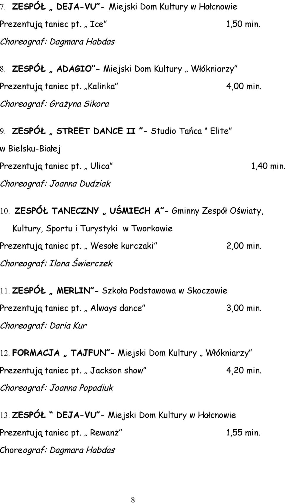 ZESPÓŁ TANECZNY UŚMIECH A - Gminny Zespół Oświaty, Kultury, Sportu i Turystyki w Tworkowie Prezentują taniec pt. Wesołe kurczaki 2,00 min. Choreograf: Ilona Świerczek 11.