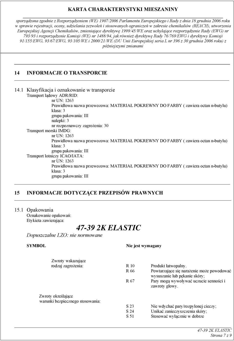 nalepki: 3 nr rozpoznawczy zagrożenia: 30 Transport morski IMDG: nr UN: 1263 Prawidłowa nazwa przewozowa: MATERIAŁ POKREWNY DO FARBY ( zawiera octan n-butylu) klasa: 3 grupa pakowania: III Transport