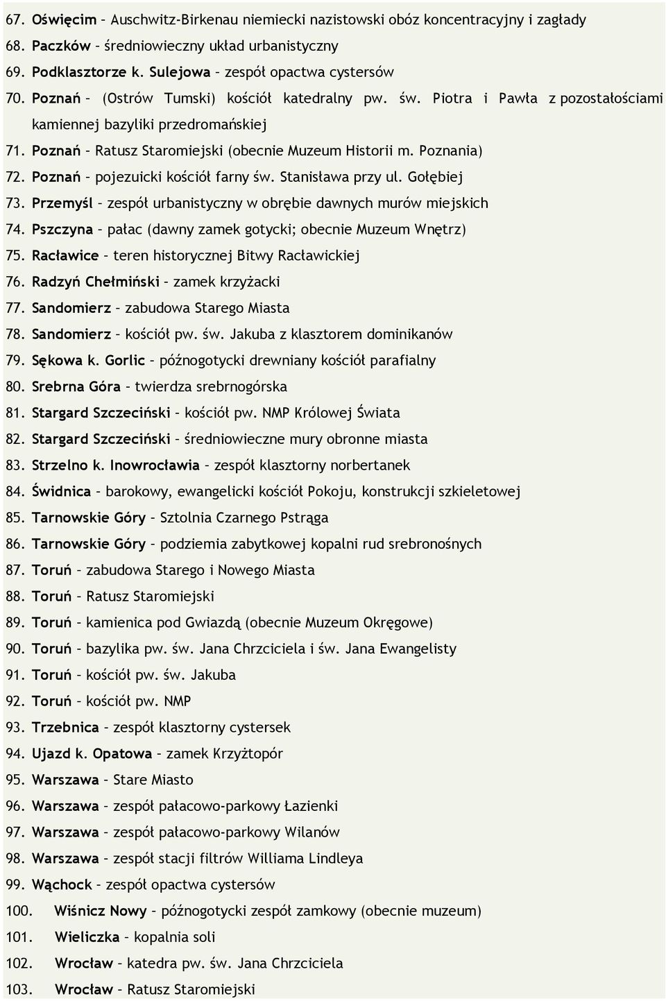 Poznań pojezuicki kościół farny św. Stanisława przy ul. Gołębiej 73. Przemyśl zespół urbanistyczny w obrębie dawnych murów miejskich 74. Pszczyna pałac (dawny zamek gotycki; obecnie Muzeum Wnętrz) 75.