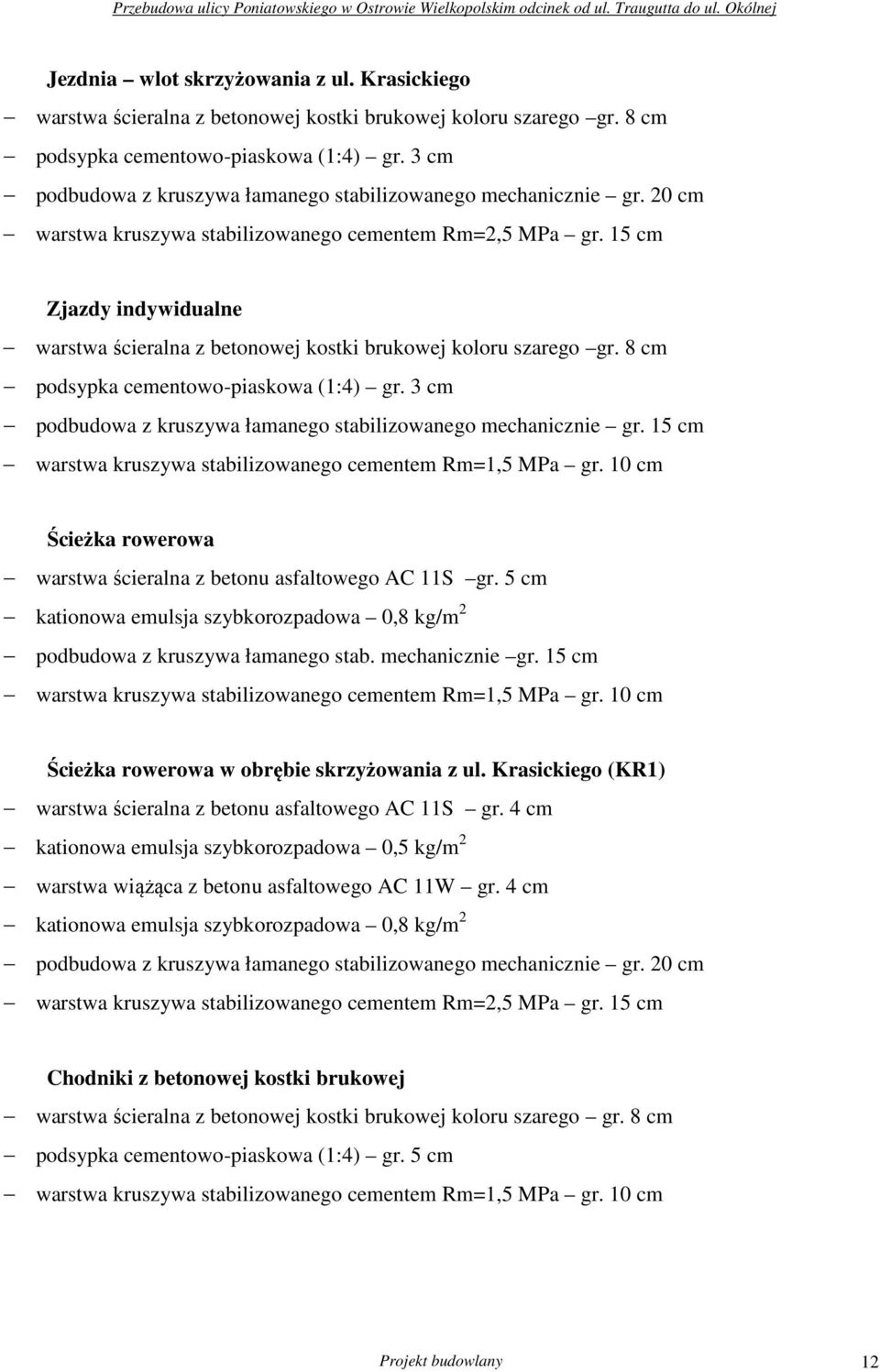 15 cm Zjazdy indywidualne warstwa ścieralna z betonowej kostki brukowej koloru szarego gr. 8 cm podsypka cementowo-piaskowa (1:4) gr.