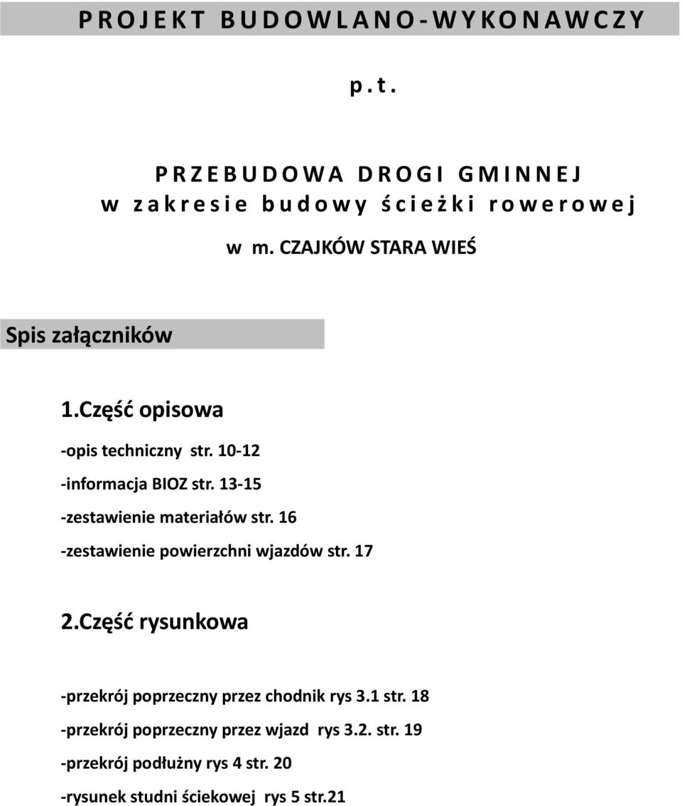 CZAJKÓW STARA WIEŚ Spis załączników 1.Część opisowa -opis techniczny str. 10-12 -informacja BIOZ str. 13-15 -zestawienie materiałów str.