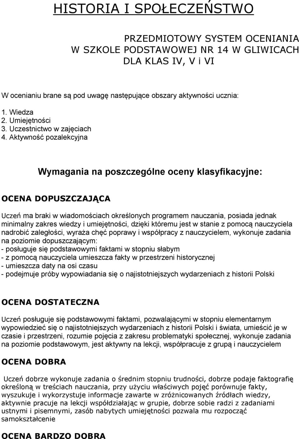 Aktywność pozalekcyjna Wymagania na poszczególne oceny klasyfikacyjne: OCENA DOPUSZCZAJĄCA Uczeń ma braki w wiadomościach określonych programem nauczania, posiada jednak minimalny zakres wiedzy i