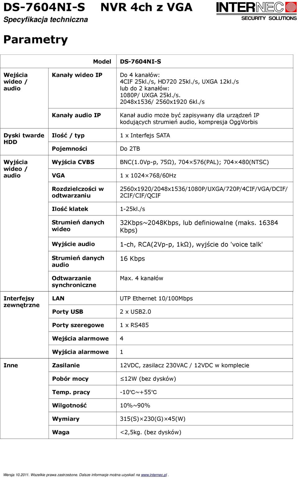 /s lub do 2 kanałów: 1080P/ UXGA 25kl./s. 2048x1536/ 2560x1920 6kl./s Kanał audio może być zapisywany dla urządzeń IP kodujących strumień audio, kompresja OggVorbis 1 x Interfejs SATA Do 2TB BNC(1.