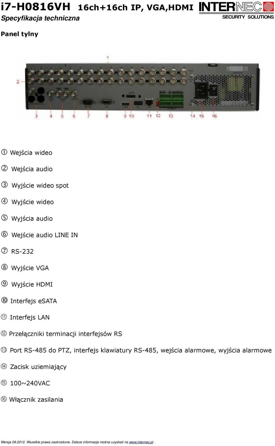 Interfejs LAN 12 Przełączniki terminacji interfejsów RS 13 Port RS-485 do PTZ, interfejs