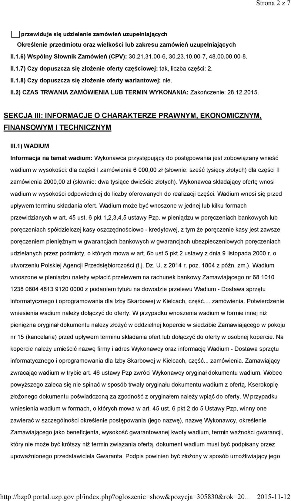 12.2015. SEKCJA III: INFORMACJE O CHARAKTERZE PRAWNYM, EKONOMICZNYM, FINANSOWYM I TECHNICZNYM III.