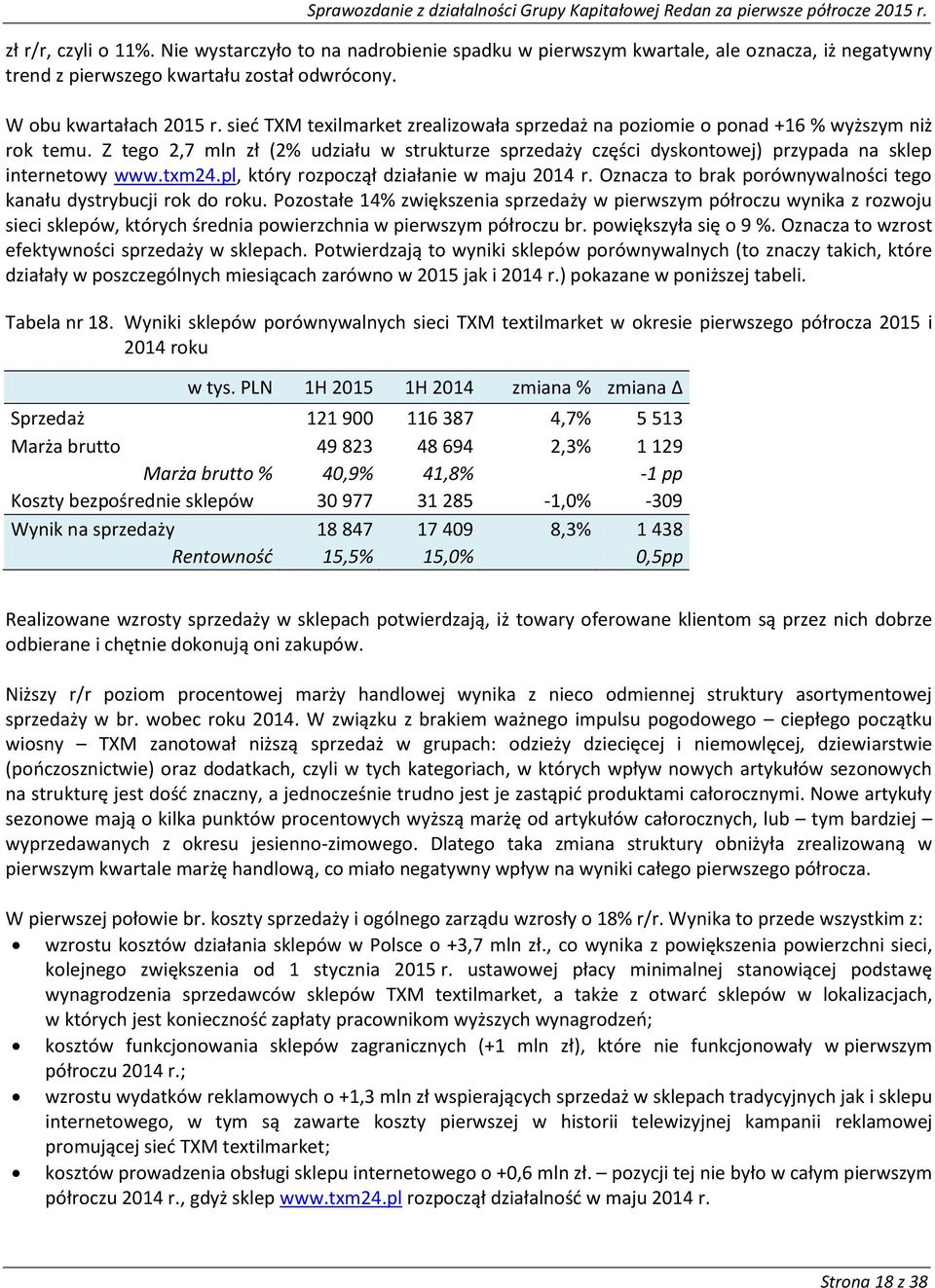 txm24.pl, który rozpoczął działanie w maju 2014 r. Oznacza to brak porównywalności tego kanału dystrybucji rok do roku.