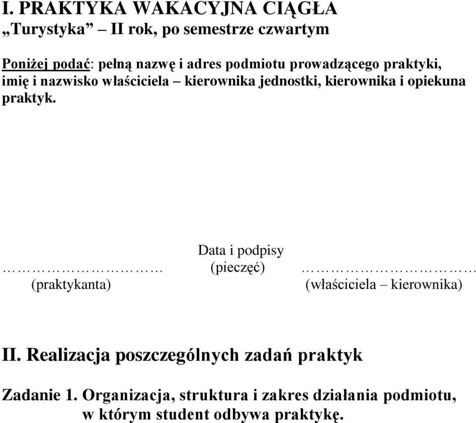 praktyk. Data i podpisy (pieczęć) (praktykanta) (właściciela kierownika) II.