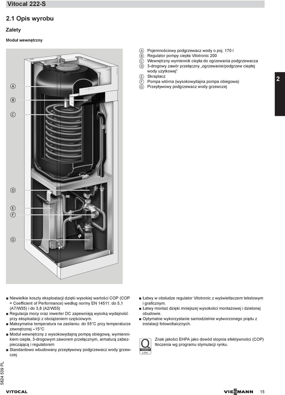 wtórna (wysokowydajna pompa obiegowa) G Przepływowy podgrzewacz wody grzewczej 2 Niewielkie koszty eksploatacji dzięki wysokiej wartości COP (COP = Coefficient of Performance) według normy EN 14511: