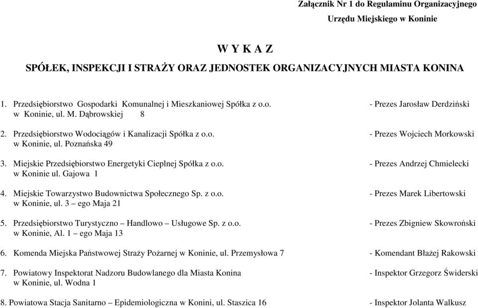 Poznańska 49 3. Miejskie Przedsiębiorstwo Energetyki Cieplnej Spółka z o.o. - Prezes Andrzej Chmielecki w Koninie ul. Gajowa 1 4. Miejskie Towarzystwo Budownictwa Społecznego Sp. z o.o. - Prezes Marek Libertowski w Koninie, ul.