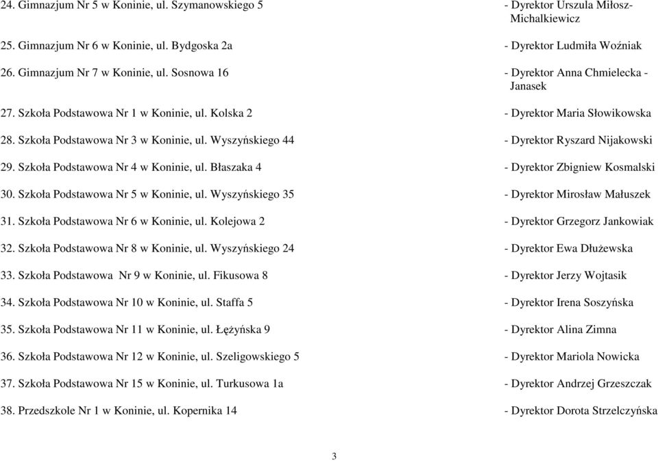Wyszyńskiego 44 - Dyrektor Ryszard Nijakowski 29. Szkoła Podstawowa Nr 4 w Koninie, ul. Błaszaka 4 - Dyrektor Zbigniew Kosmalski 30. Szkoła Podstawowa Nr 5 w Koninie, ul.