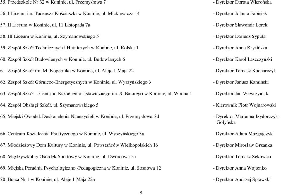 Kolska 1 - Dyrektor Anna Krysińska 60. Zespół Szkół Budowlanych w Koninie, ul. Budowlanych 6 - Dyrektor Karol Leszczyński 61. Zespół Szkół im. M. Kopernika w Koninie, ul.