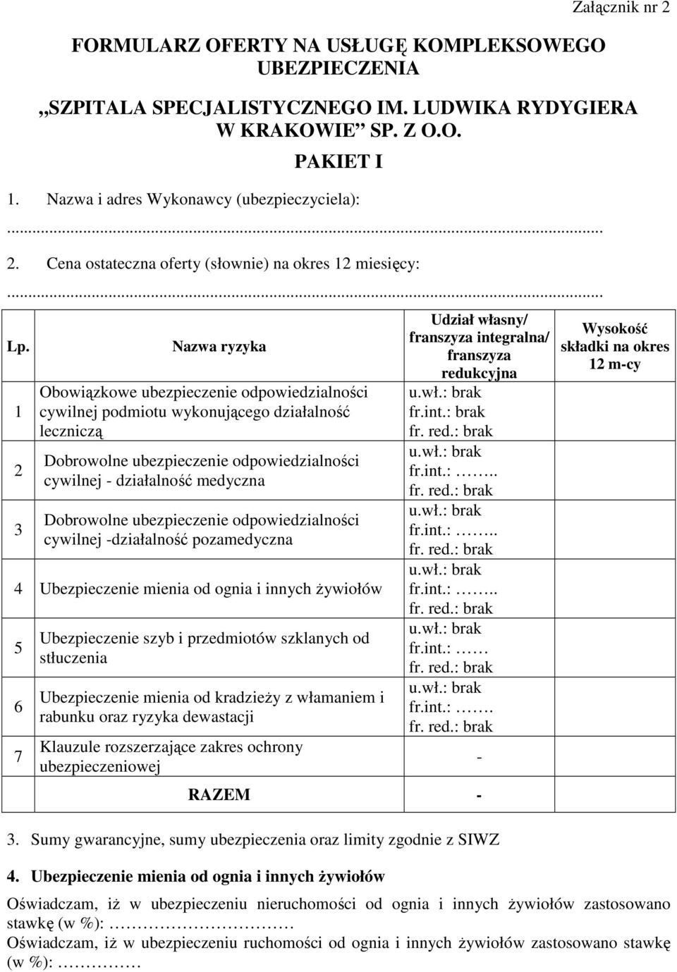 1 2 3 Nazwa ryzyka Obowiązkowe ubezpieczenie odpowiedzialności cywilnej podmiotu wykonującego działalność leczniczą Dobrowolne ubezpieczenie odpowiedzialności cywilnej - działalność medyczna