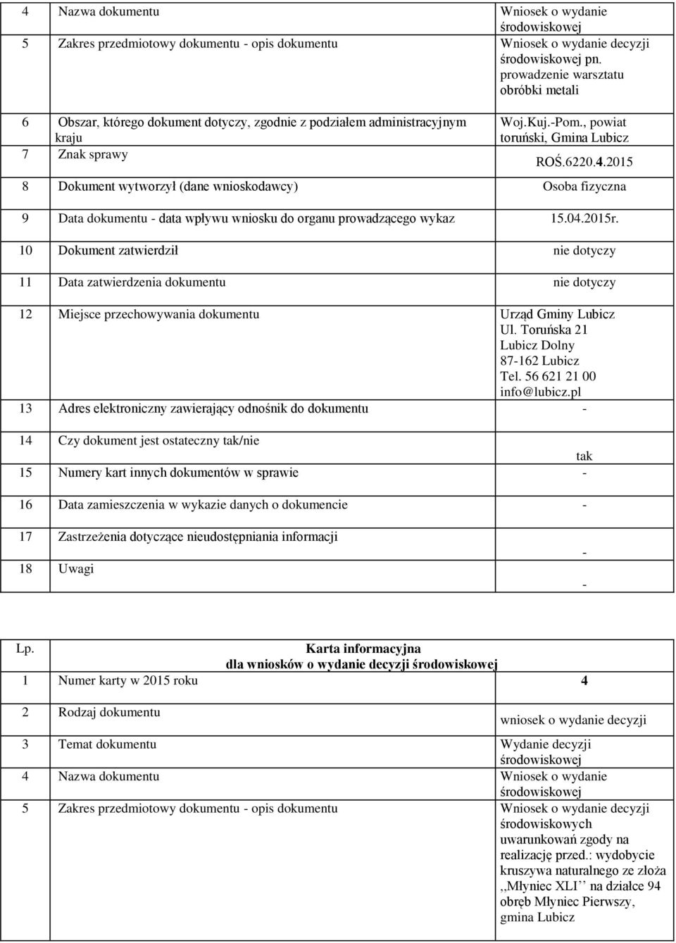 87162 Lubicz 13 Adres elektroniczny zawierający odnośnik do dokumentu 15 Numery kart innych dokumentów w sprawie 16 Data zamieszczenia w wykazie danych o dokumencie dla wniosków o